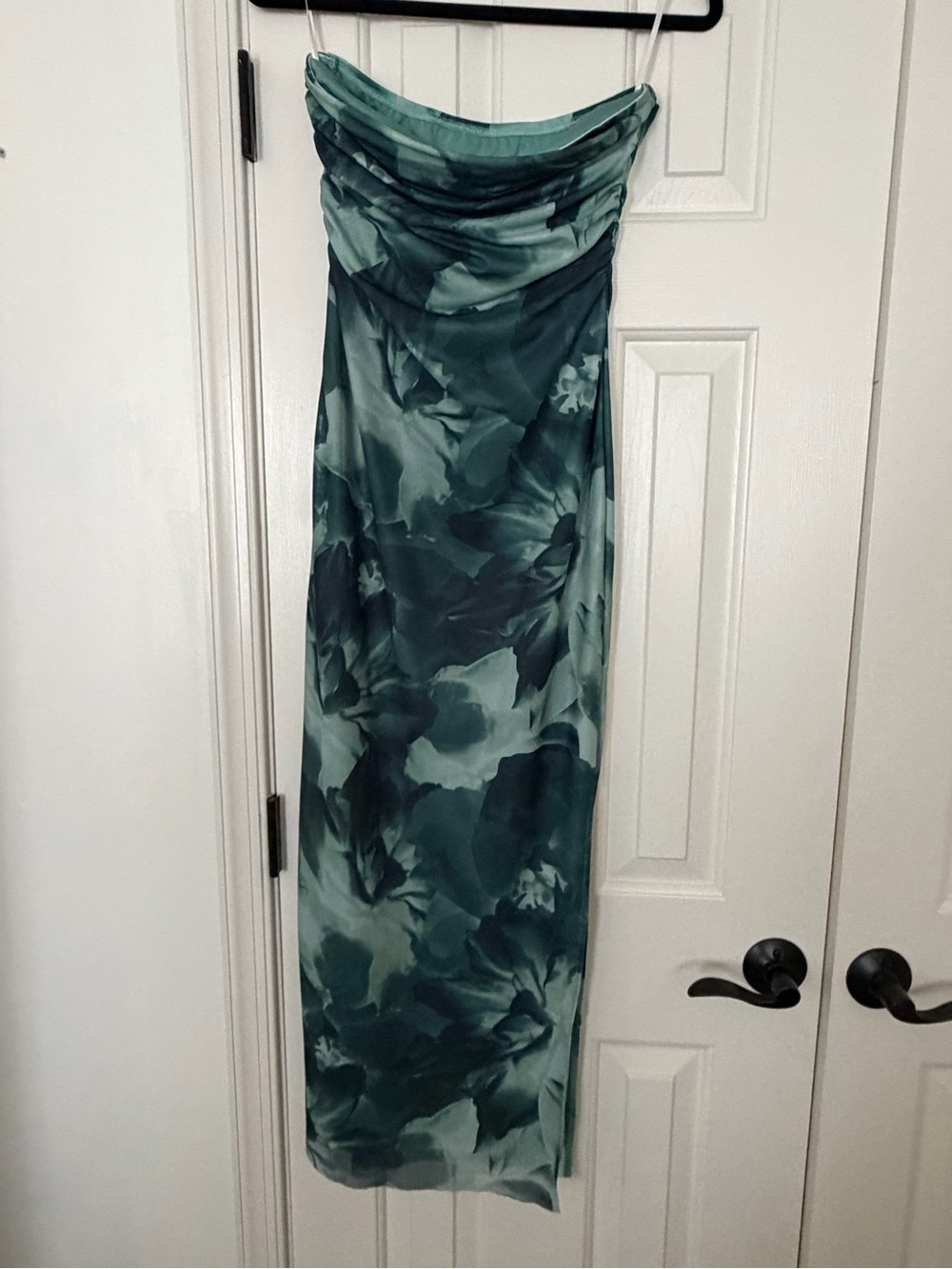 Strapless Green Floral Evening Dress
